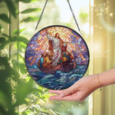 Axolotl Stained Glass Suncatcher, Round Pink Salamander Window Panel with Blue Water Plants, Unique Aquatic Animal Home Decor Gift